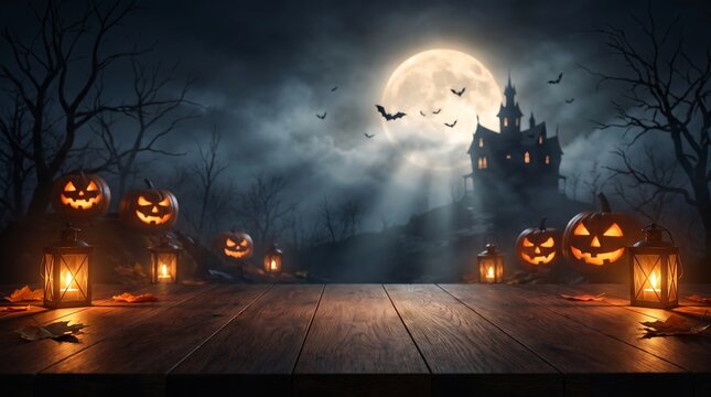 Halloween background photo with carved jack o lanterns, spooky haunted house, full moon and glowing lanterns on a rustic wooden table