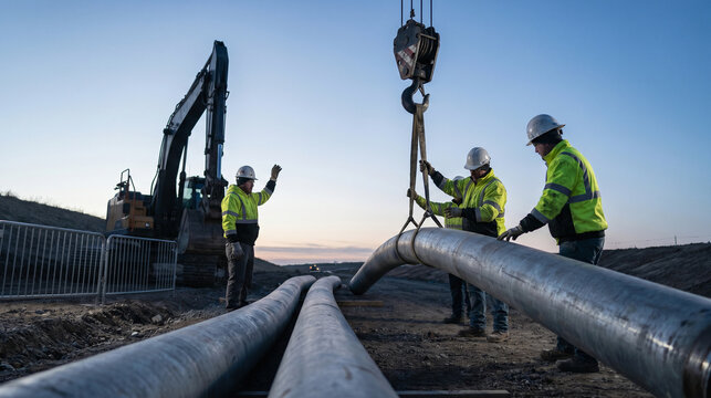 Pre-Sunrise Utility Pipe Crew Working in Morning Twilight