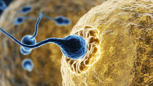 Sperm contacting egg surface extreme close-up in reproductive biology scene for IVF medicine, fertility treatment, embryology education, and conception health communication during human fertilization.
