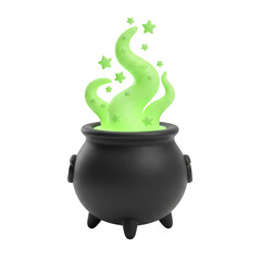 Black magic cauldron with glowing green potion smoke and floating stars for halloween celebration design icon © Roksana