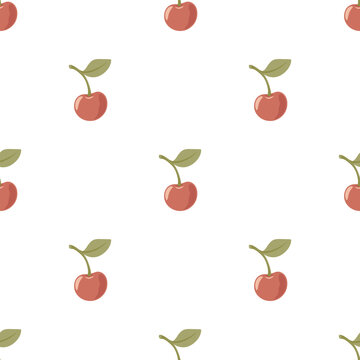 Cherry Seamless Pattern on White Background, Vector Illustration. Cute Minimal Red Cherries Repeat Print for Textile, Wrapping Paper, Fabric, Wallpaper Design