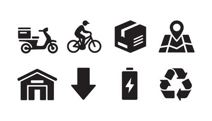 Obraz premium Logistics and delivery service icons including scooter bicycle box map location warehouse arrow battery.