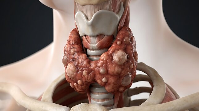 Human thyroid gland with cancerous tumors