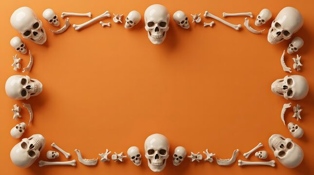 Halloween frame made of human skulls and bones on vibrant orange background with copy space