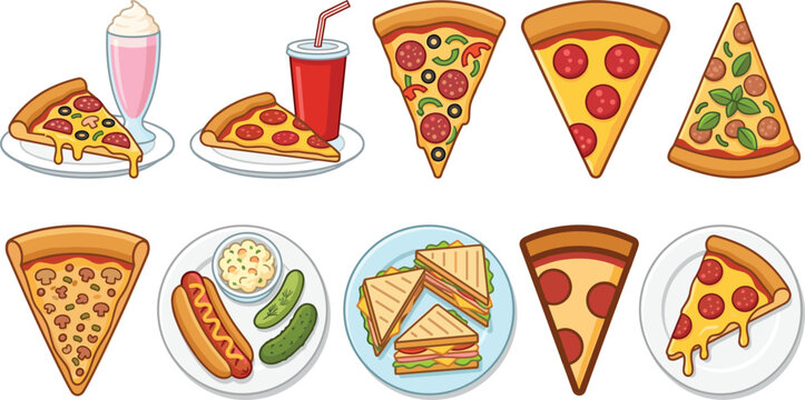 Fast food vector icon set with pizza slices pepperoni hot dog club sandwich milkshake and soda