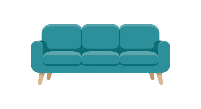 Turquoise three seater sofa illustration with wooden legs on a white background