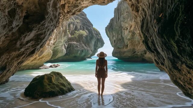 A cinematic realistic travel scene inside a dramatic natural sea cave, a lone female traveler seen from behind wearing a simple wide-brim sun hat and casual beach clothing