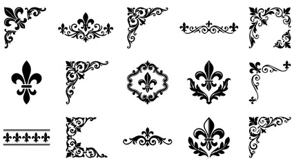 Set of decorative black fleur de lis corners and vintage floral border ornaments for design projects © J.M Jannat