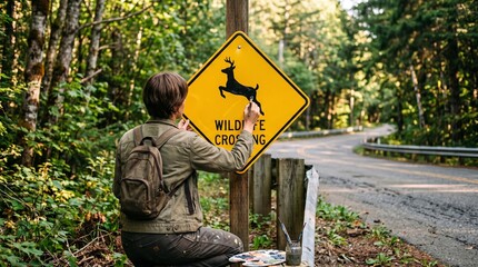 Naklejka premium A person paints a deer on a wildlife crossing sign by a forest road. Concept emphasizes wildlife conservation, outdoor art, and environmental awareness. Generative AI.
