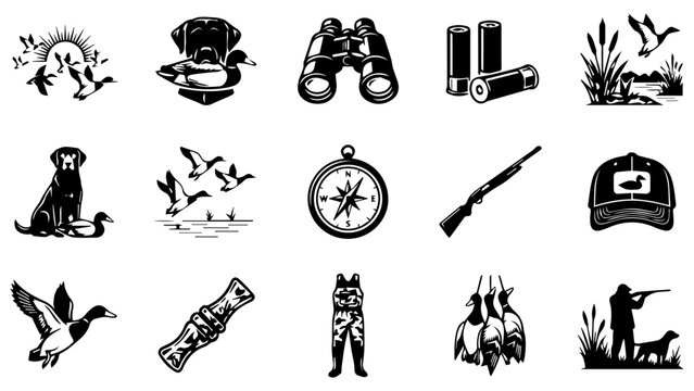 Set of black hunting icons showing ducks binoculars shotgun dog and equipment for outdoor wild sports