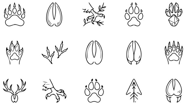 Set of black animal footprints and wildlife tracks icons including deer hoof and bird paw print signs