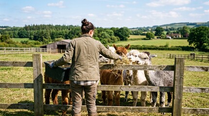 Naklejka premium A person is feeding hay to alpacas on a rural farm. Concept agriculture, animal husbandry, sustainable living, and world animal day appreciation. Generative AI.