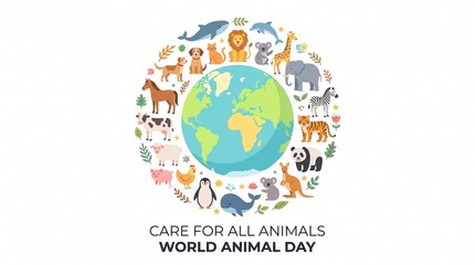 Naklejka premium Colorful illustration shows Earth surrounded by wild and domestic animals for World Animal Day. Concept animal welfare and conservation for campaigns, posters and editorial use. Generative AI.