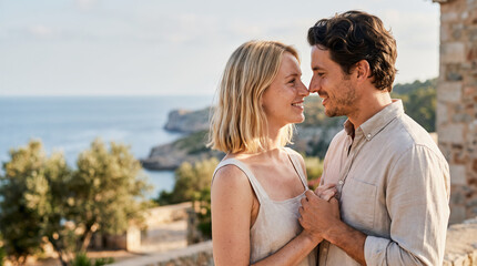 Fototapeta premium Romantic Couple Embracing on Coastal Vacation