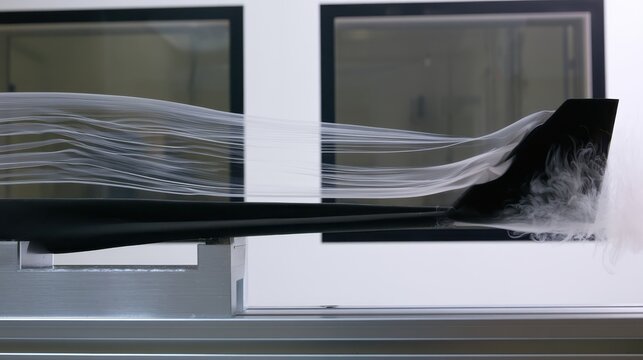 Wind tunnel aerodynamic test of a black airfoil model with visible airflow streamlines.