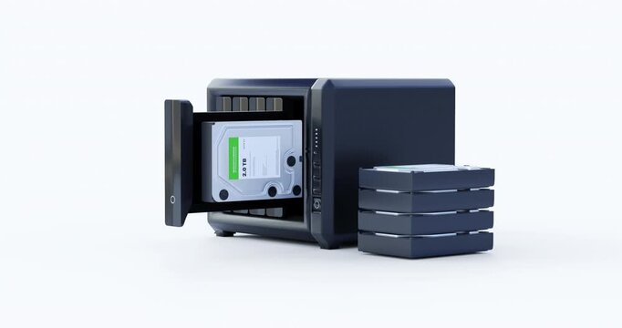 Computer hard disk drives inserting into network attached storage bay on clean white background
