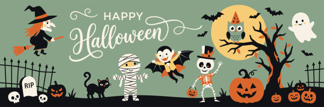 Cute Halloween characters illustration with witch mummy vampire skeleton ghost owl black cat pumpkins bats moon and fence