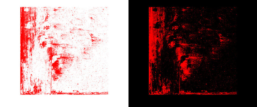 Grunge red texture overlay on white and black backgrounds, distressed abstract paint splatter, vintage horror design element