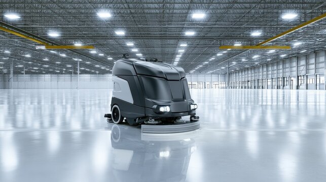 Industrial floor scrubber machine cleaning a large empty warehouse facility floor.