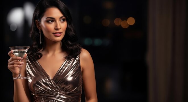 Luxury Nightlife. Elegant woman in a metallic evening dress holding a martini glass at a sophisticated cocktail party, luxury lifestyle event.