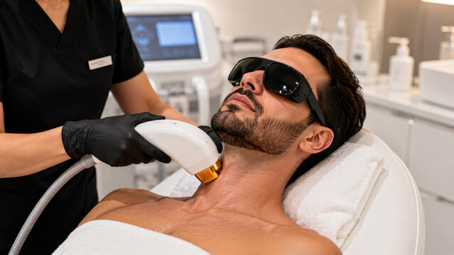 Man undergoing laser hair removal on the neck and beard area in a cosmetic clinic. Concept of aesthetic medicine, skincare, men's grooming and professional beauty treatment.