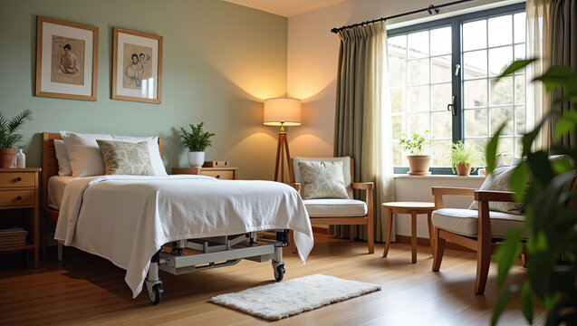 Comfortable patient bedroom with adjustable medical bed and cozy lounge area in warm morning light