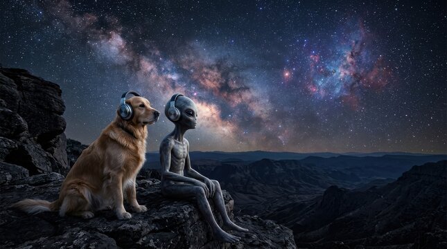 Golden Retriever and extraterrestrial alien wearing headphones sitting on a mountain cliff under the Milky Way galaxy, concept for UFO Day and space exploration themes