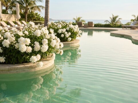 Luxury Summer Escape. White peonies blooming in a tropical infinity pool, resort poolside oasis, peaceful vacation retreat and relaxation setting.