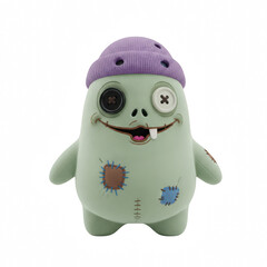 Cute green zombie plush toy character with a purple hat and button eyes for kids and spooky party decoration © Roksana