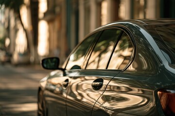 Naklejka premium Modern sedan with tinted rear windows on a sunlit urban street