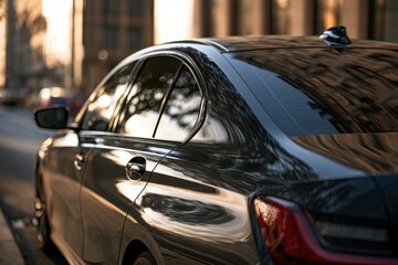 Fototapeta premium Urban parking scene featuring a contemporary vehicle with dark rear glass and reflections