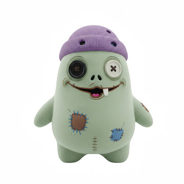Cute green zombie plush toy character with a purple hat and button eyes for kids and spooky party decoration