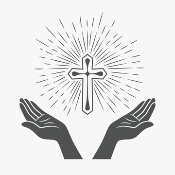 Black and White Open Hands Silhouette with Cross and Rays, Vector Illustration. Symbol of Faith and Prayer. Design Template for Church Logo. Prayer, Religion Concept. Monochrome Cut Out Icon