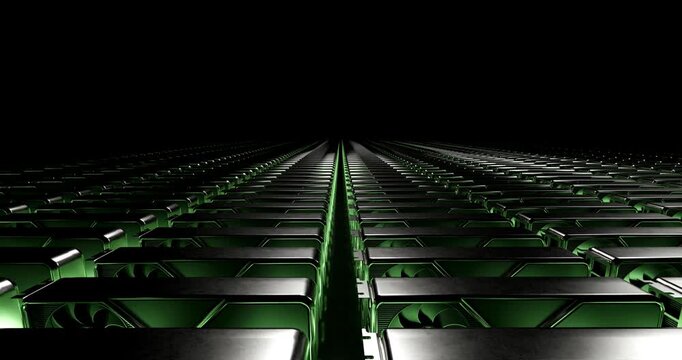 Camera moving forward over endless rows of active computer graphics processing units in dark server room