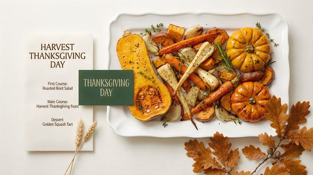 Roasted autumn vegetables with pumpkin and butternut squash on a white platter for a festive thanksgiving holiday dinner celebration