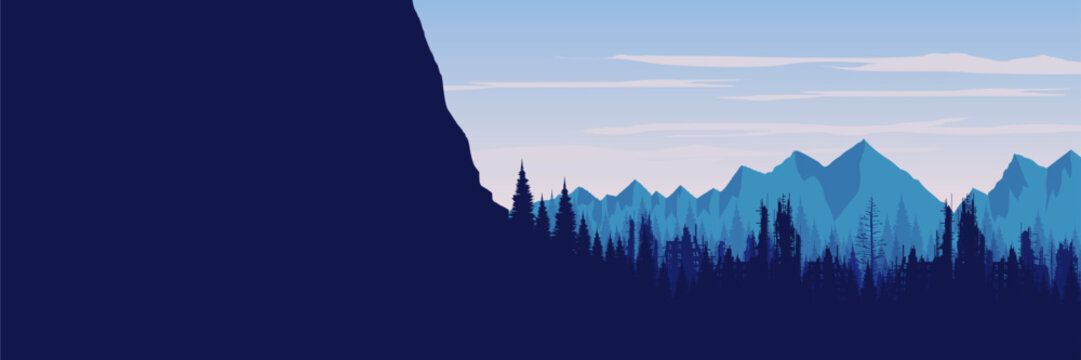 Post apocalyptic background banner with moody blue mountain cliff and ruined city