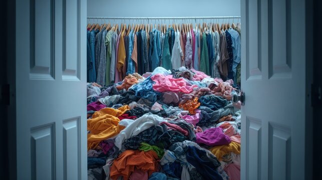 Open doors reveal a massive messy pile of colorful clothes overflowing from a closet. Ideal for organization and decluttering concepts.