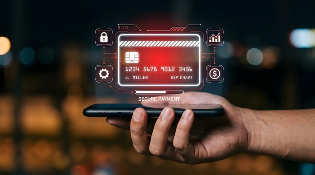 Person using a smartphone to make a secure digital credit card payment online at night