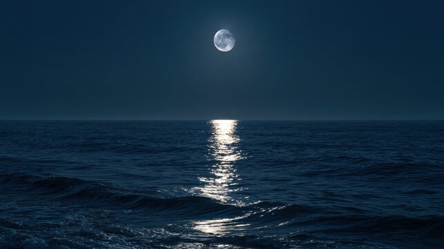 A bright full moon shines over a dark ocean, casting a shimmering reflection on the water surface at night. This tranquil seascape concept works well for travel and relaxation.
