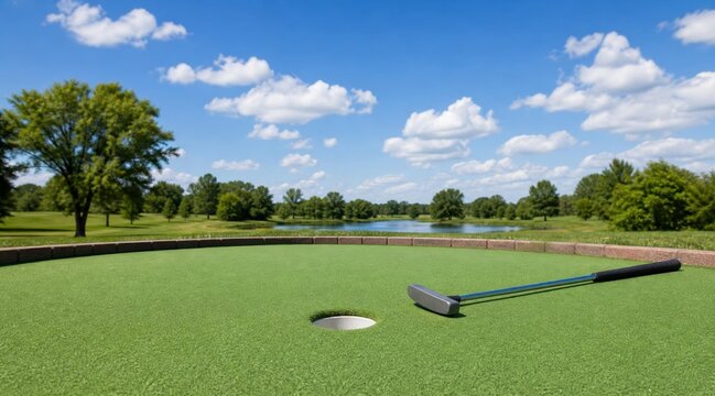 Putting green with golf club and hole on a sunny day.