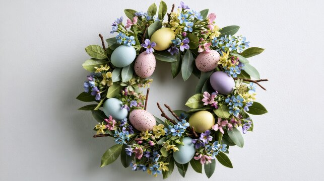 A festive Easter wreath decorated with colorful pastel eggs and spring flowers hangs on a neutral wall. Perfect for spring holiday home decor concepts.