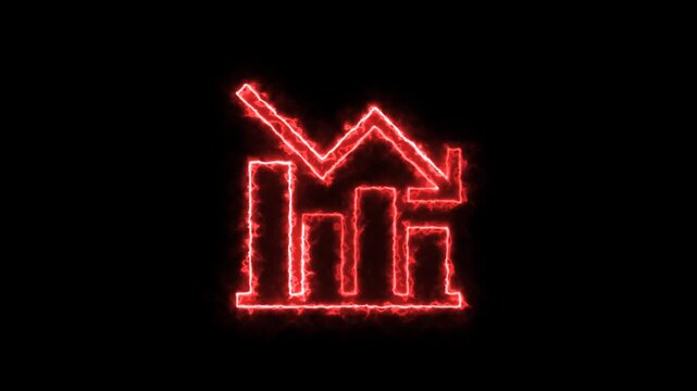 Glowing red neon business graph down trend arrow animation on black background loop.