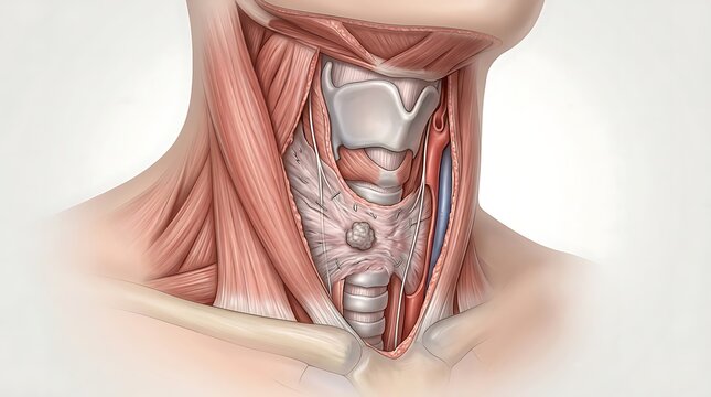 Medical illustration of human neck anatomy with thyroid nodule