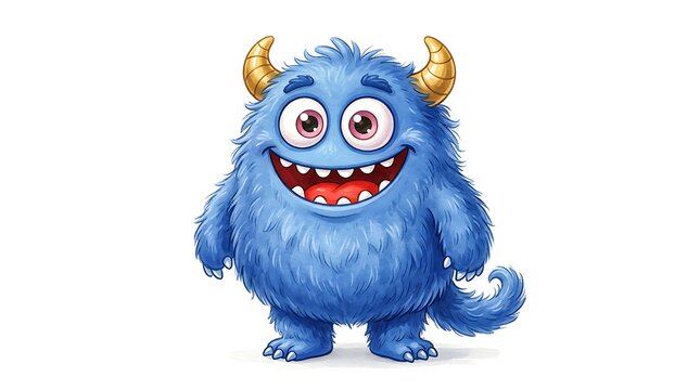 Adorable blue monster character with big eyes and a wide smile standing on white background