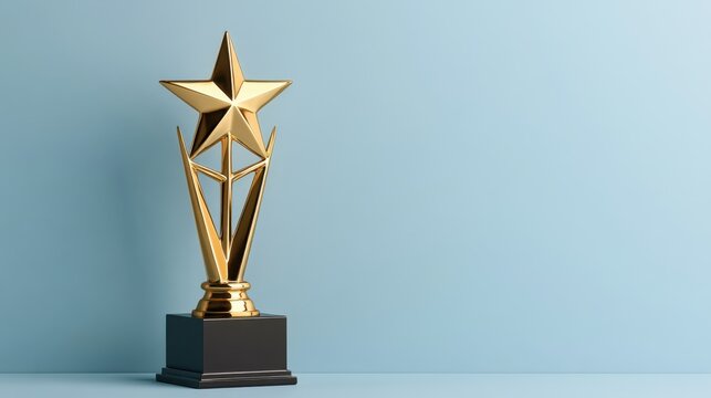 A shiny golden star trophy stands proudly on a dark base against a light blue background with negative space. Perfect concept for corporate success and achievement awards.