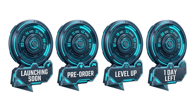 Futuristic scifi countdown timers set with digital interface elements isolated on transparent background