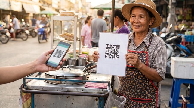 Street food vendor showing QR code payment sign to customer