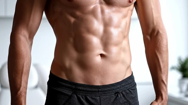 Close-up of a muscular male torso with defined abs and arms, showcasing fitness and strength