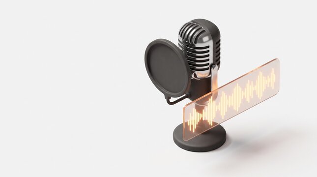 3D Isometric Studio Microphone with Audio Sound Wave, Podcast and Recording 3D Icon Isolated on White Background