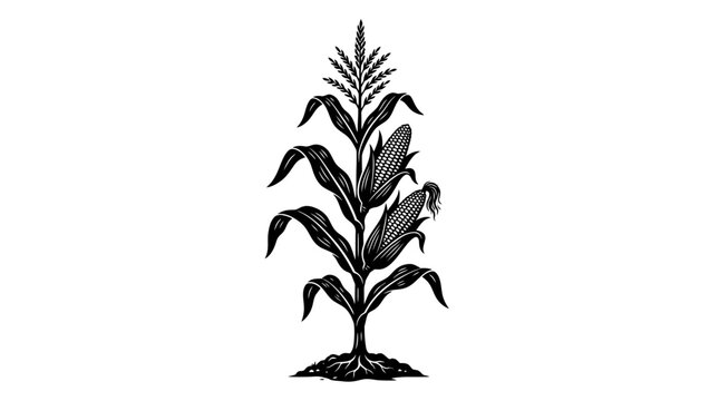 Corn plant with tassels and roots is depicted as a black silhouette